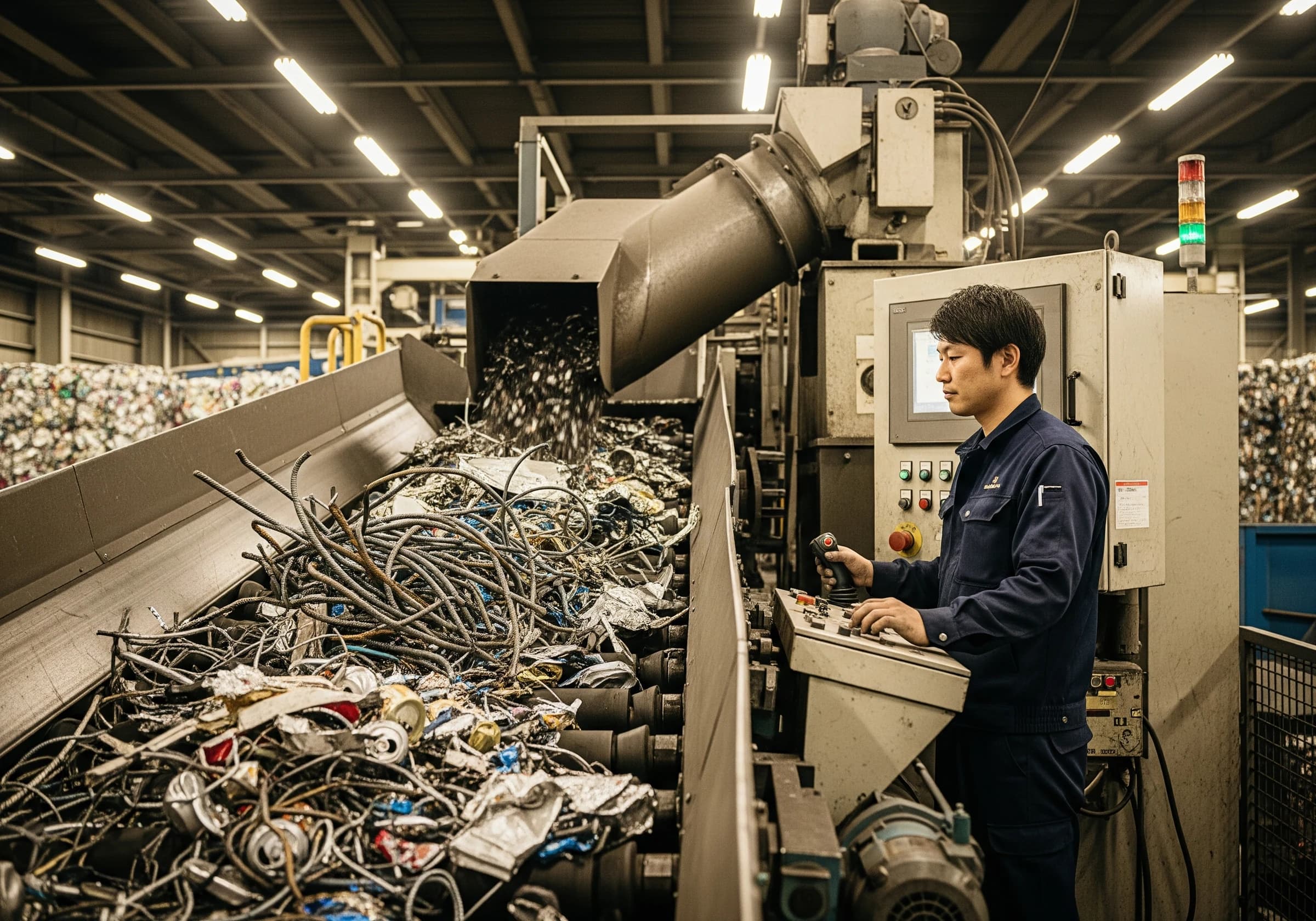 倉庫で家電・金属ゴミを資源として選別する作業